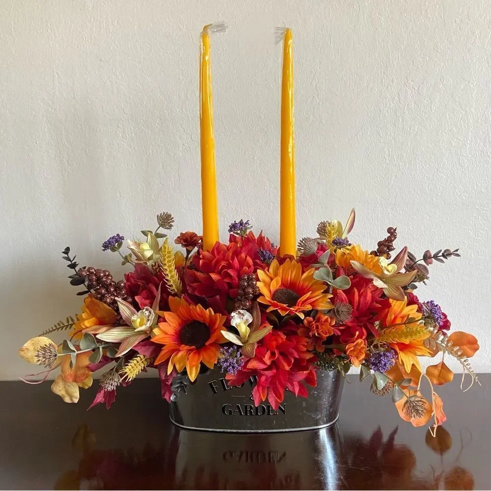 Faux Floral Candle Centerpiece with Sunflowers/Orchids/Mums